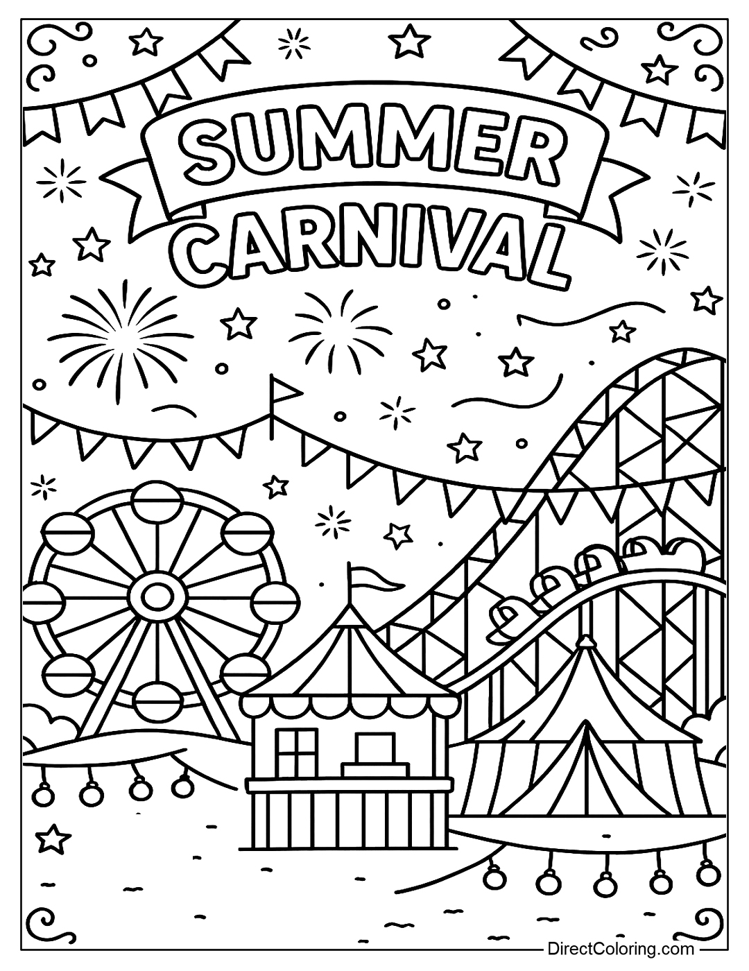 coloring page of Summer Carnival with Ferris wheel, roller coaster and bright lights